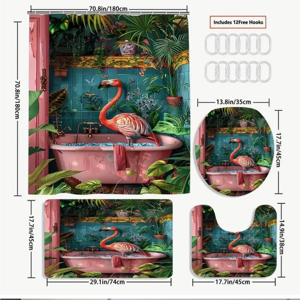 Tropical Flamingo Shower Curtain Bathroom Set - Pink and Teal